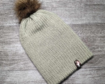 Solid Sage Green Knit Hat, Beanie With Faux Fur Pom, Double Layer, Warm, One Size Fits Most Teenagers, Adults, Ready To Ship
