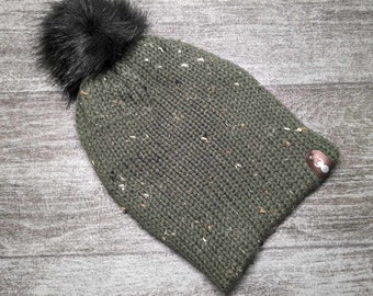 Sage Green Knit Hat, Beanie With Faux Fur Pom, Double Layer, Warm, One Size Fits Most Teenagers, Adults, Ready To Ship
