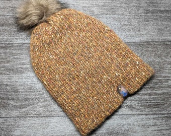 Wool Blend Tweed Knit Beanie, Slouchy Hat or Foldover Brim, Double Layer, Warm, Handmade, Fits Most Adult Heads, Ready to ship!