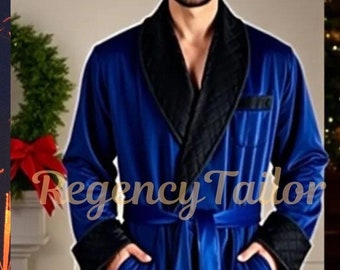 Men's Blue Velvet Robe - Long Shawl Collar Loungewear