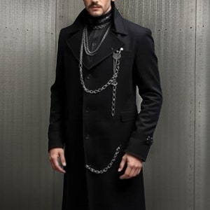 Men&#39;s Gothic Long Coat in Black with Chain Details Bold and Edgy Statement Outerwear, Steampunk Gothic Coat, Gothic Long Coat