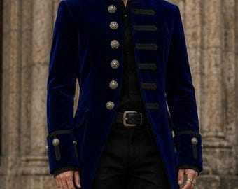 Men's Blue Velvet Gothic Steampunk Victorian Tail Coat Jacket
