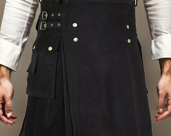 Scottish Black Cotton Men&#39;s Kilt Deluxe Army Goth Outdoor Utility Highland skirt