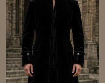Men's Black Velvet Gothic Steampunk Victorian Frock Coat Jacket