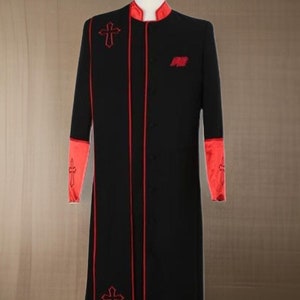 Men&#39;s Black/Red Big & Tall Church Cross Accent Robe With Stole Mandarin Suit, Long Church Coat