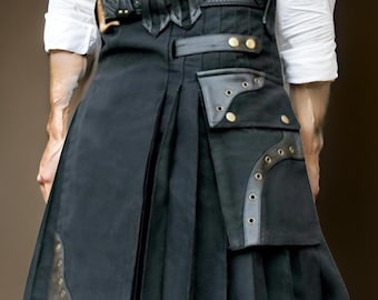 Handmade Black Cotton Utility Kilt: Faux Leather Straps, Cargo Pockets