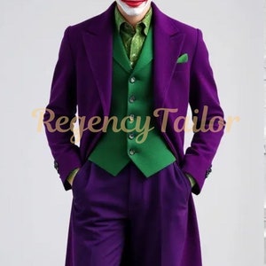 Men&#39;s Gothic Dark Knight Joker Costume  Elegant Purple Tailcoat Jacket, Green Vest, Pants, and Shirt Ensemble
