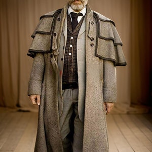 Men&#39;s Inverness Gray Medieval Graceful Wool Inverness Cape Black Piping Greatcoat, Inverness Cape, Duster Cape