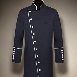 Men&#39;s Three-Quarter Double Breast Frock Clergy Jacket - Black with White Pipeing , Men&#39;s Black Clergy Frock Coat