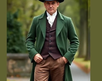 Men&#39;s Green Wool Regency Coat, 19th Century Regency Coat, Men&#39;s Fashion Tail Coat