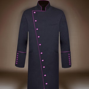 Men&#39;s Three-Quarter Double Breast Frock Clergy Jacket - Black with Purple , Men&#39;s Black Clergy Frock Coat