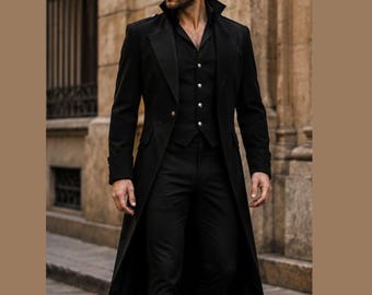 Abrigo largo Steampunk de algodón negro, chaqueta gótica de húsares, estilo victoriano unisex.