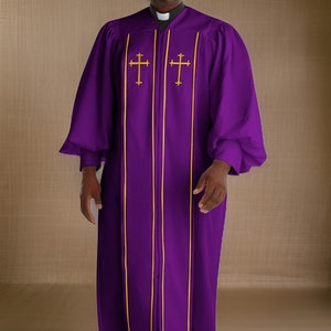 Men&#39;s Purple/Yellow Big & Tall Church Cross Accent Robe Suit, Long Church Coat