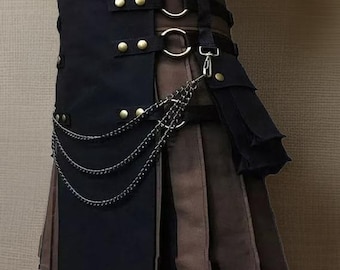 Men&#39;s Black & Brown Hybrid Utility Kilt: Scottish Cotton Cargo Kilt