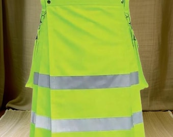 Men&#39;s Firefighter Kilt: Fluorescent Green, Reflective Trim, Cargo Pockets