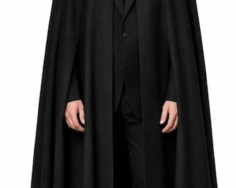 Men's Black Wool Long Cape, Handmade Vintage Victorian Winter Wool Coat