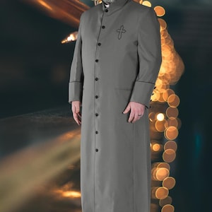 Latest Long Men&#39;s Cassock Robe Grey With Piping, Long Church Coat