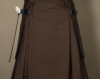 Brown Cotton Utility Kilt: Scottish Fashion with Leather Straps