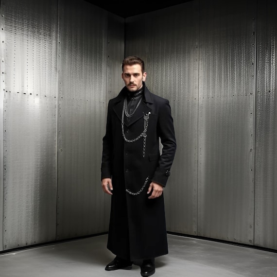 Men's Black Gothic Long Coat: Chain Detail Steampunk Outerwear