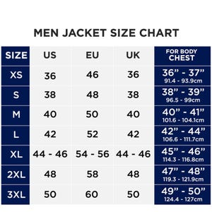 Puede incluir: Una tabla de tallas de chaqueta para hombre con tallas en tallas US, EU y UK. La tabla tambi&eacute;n incluye las medidas de pecho correspondientes en pulgadas y cent&iacute;metros.