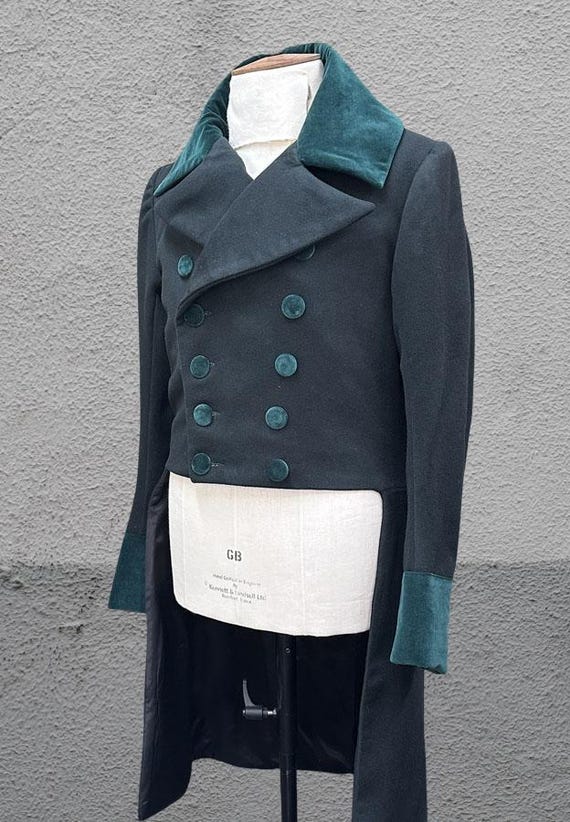 Sobretudo masculino estilo Regency com recorte: lã verde, gola de
