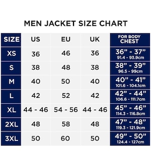 May include: A men's jacket size chart with sizes listed in US, EU, and UK sizes. The chart also includes corresponding chest measurements in inches and centimeters.