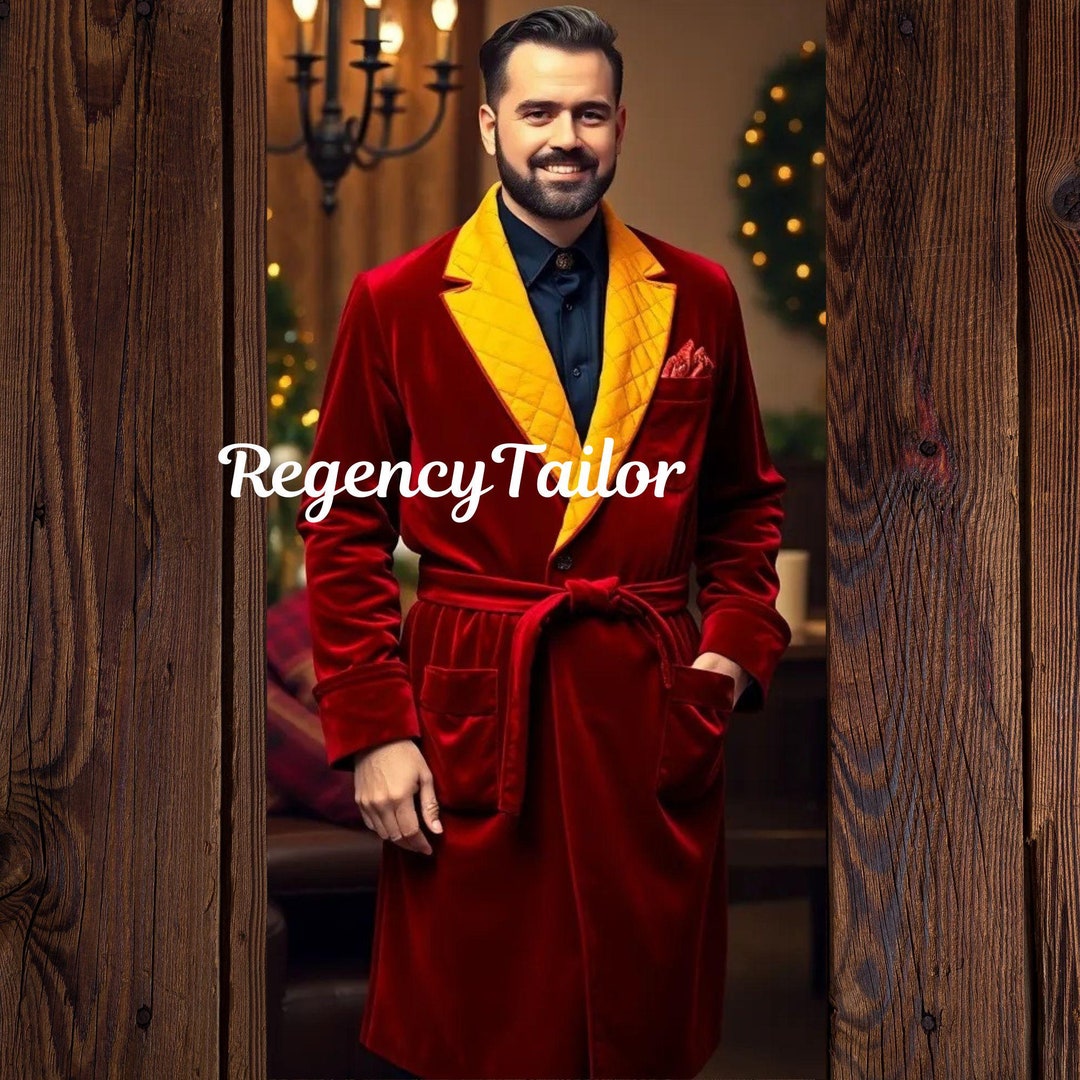 Men's Red Velvet Smoking Coat - Christmas Robe With Quilted Gold ...