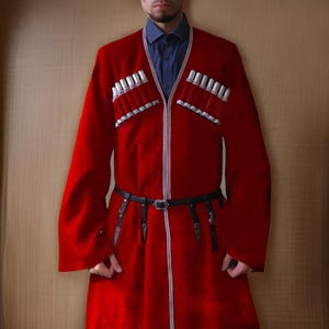 Neue Männer Russische Cherkessk Rot Wolle Kaftan Ohne Kragen Gehrock Stil Kosak
