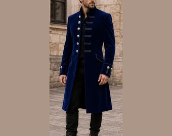 Chaqueta húsar steampunk de terciopelo azul real, abrigo largo gótico victoriano.