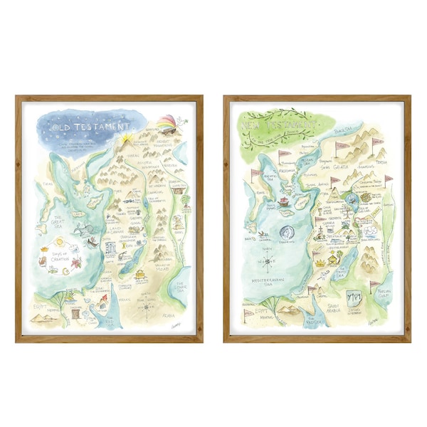 Bible Watercolor Map Art Print Set of Old Testament and New Testament Lesson