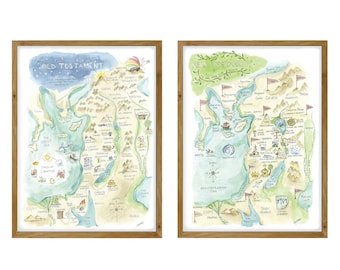 Bible Watercolor Map Art Print Set of Old Testament and New Testament Lesson