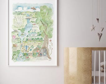 Peter Rabbit Watercolor Map Art Poster Easter Large Sizes