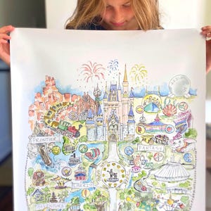 Florida Theme Park Kingdom Map Large Watercolor Art Print