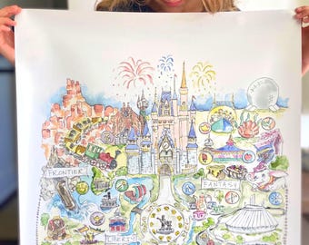 Florida Theme Park Kingdom Map Large Watercolor Art Print