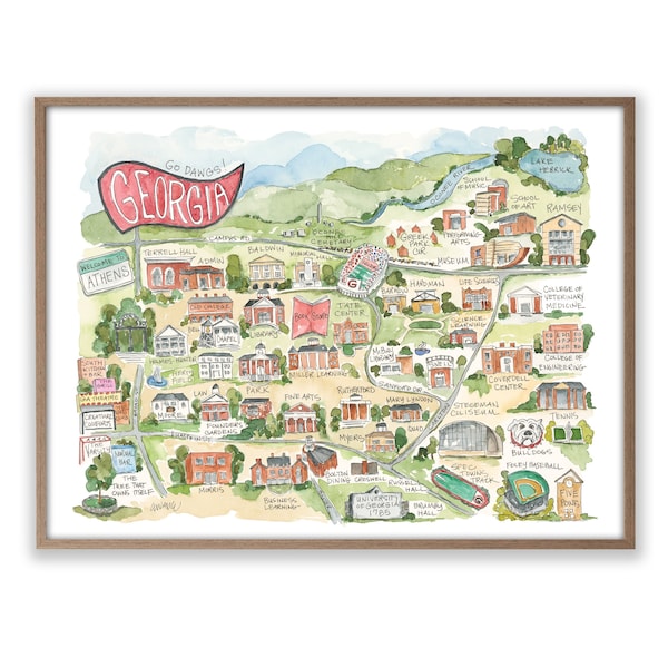Georgia Athens Campus Map Watercolor Art Print Football