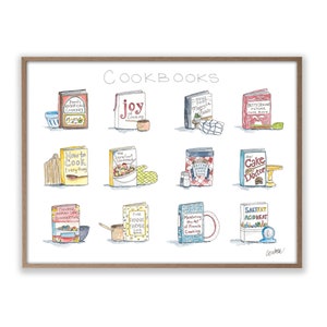 May include: A watercolor illustration of 12 cookbooks with titles like "Joy of Cooking", "The Cake Doctor", and "Salt Fat Acid Heat".