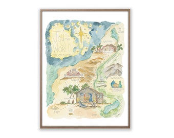 Joy to the World Watercolor Nativity Map Art Print