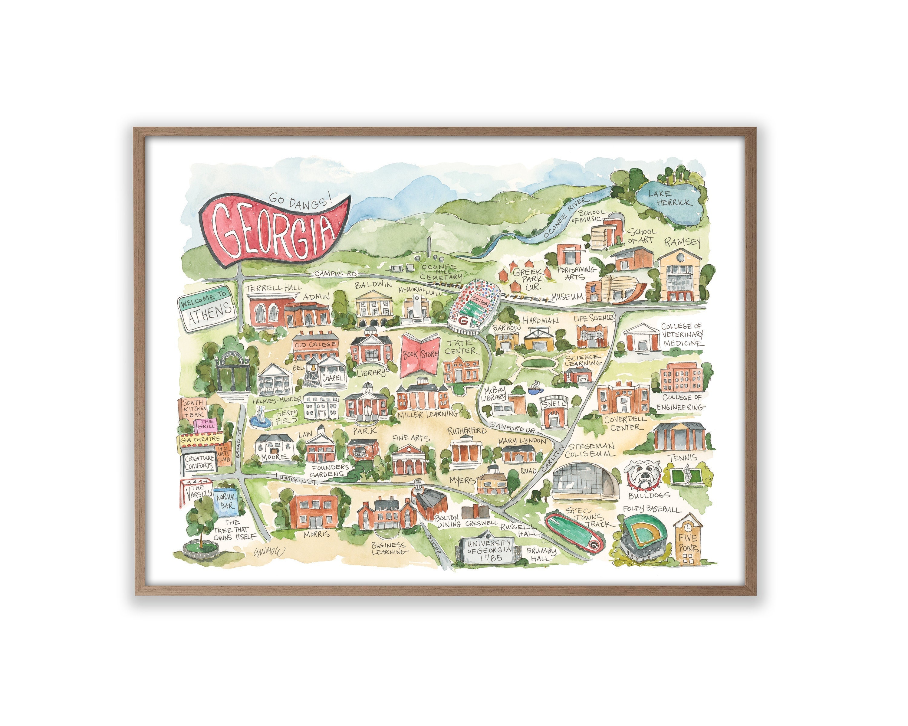 Georgia Athens Campus Map Watercolor Art Print Football