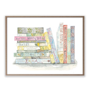 May include: A watercolor painting of a stack of colorful books with titles like "Matilda", "Heidi", "Wuthering Heights", and "Emma". The books are arranged in a staggered stack, with the tallest book on the left and the shortest book on the right. The books are all different colors and have different patterns on their covers.