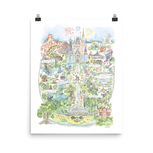 Florida Theme Park Kingdom Map Large Watercolor Art Print