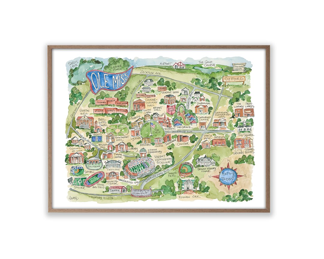 Ole Miss Oxford Campus Map Watercolor Art Print Football - Etsy