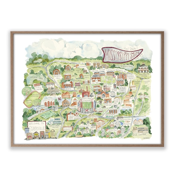 Mississippi State Campus Map Watercolor Art Print Football