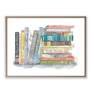 May include: A watercolor painting of a stack of books with titles like "The Hobbit", "1984", "As I Lay Dying", and "Lord of the Flies".