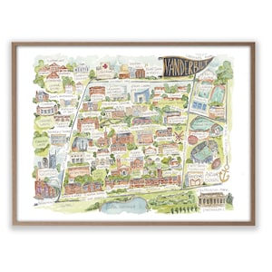 May include: A watercolor illustration of Vanderbilt University campus in Nashville, Tennessee. The map shows the location of various buildings, including the main library, the football stadium, and the student center. The map is surrounded by a brown frame.