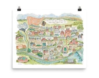 University of Tennessee Campus Map Large Watercolor Art Print