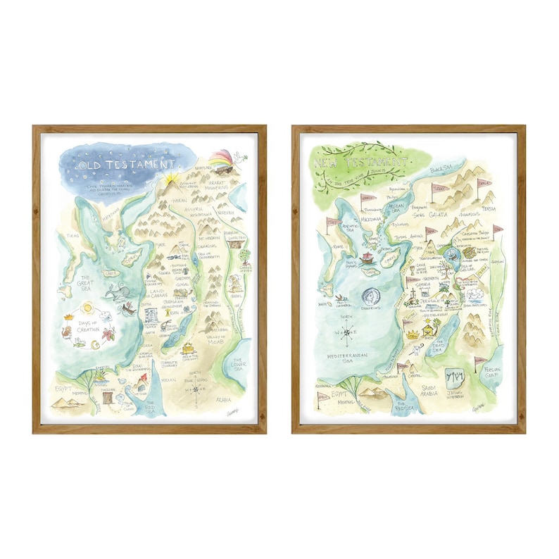 Bible Watercolor Map Art Print Set of Old Testament and New Testament Lesson