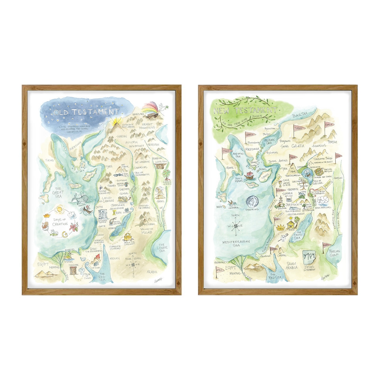 Bible Watercolor Map Art Print Set of Old Testament and