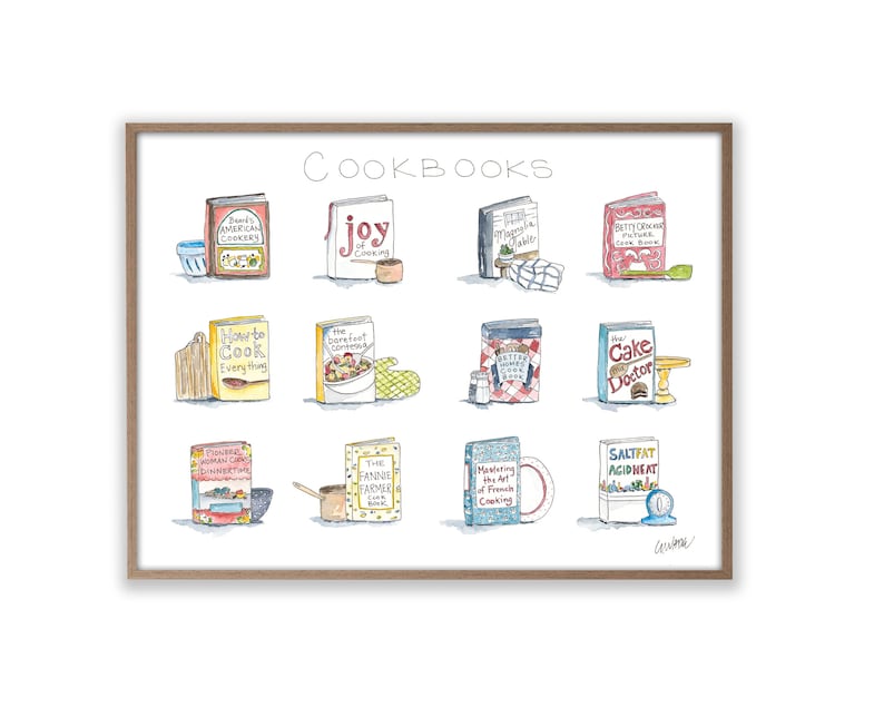 May include: A watercolor illustration of 12 cookbooks with titles like "Joy of Cooking", "The Cake Doctor", and "Salt Fat Acid Heat".
