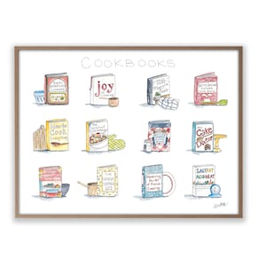Puede incluir: Una ilustraci&oacute;n de acuarela de 12 portadas de libros de cocina con t&iacute;tulos como "La alegr&iacute;a de cocinar", "El doctor de los pasteles" y "Sal, grasa, &aacute;cido, calor". La ilustraci&oacute;n est&aacute; enmarcada en un marco marr&oacute;n claro.