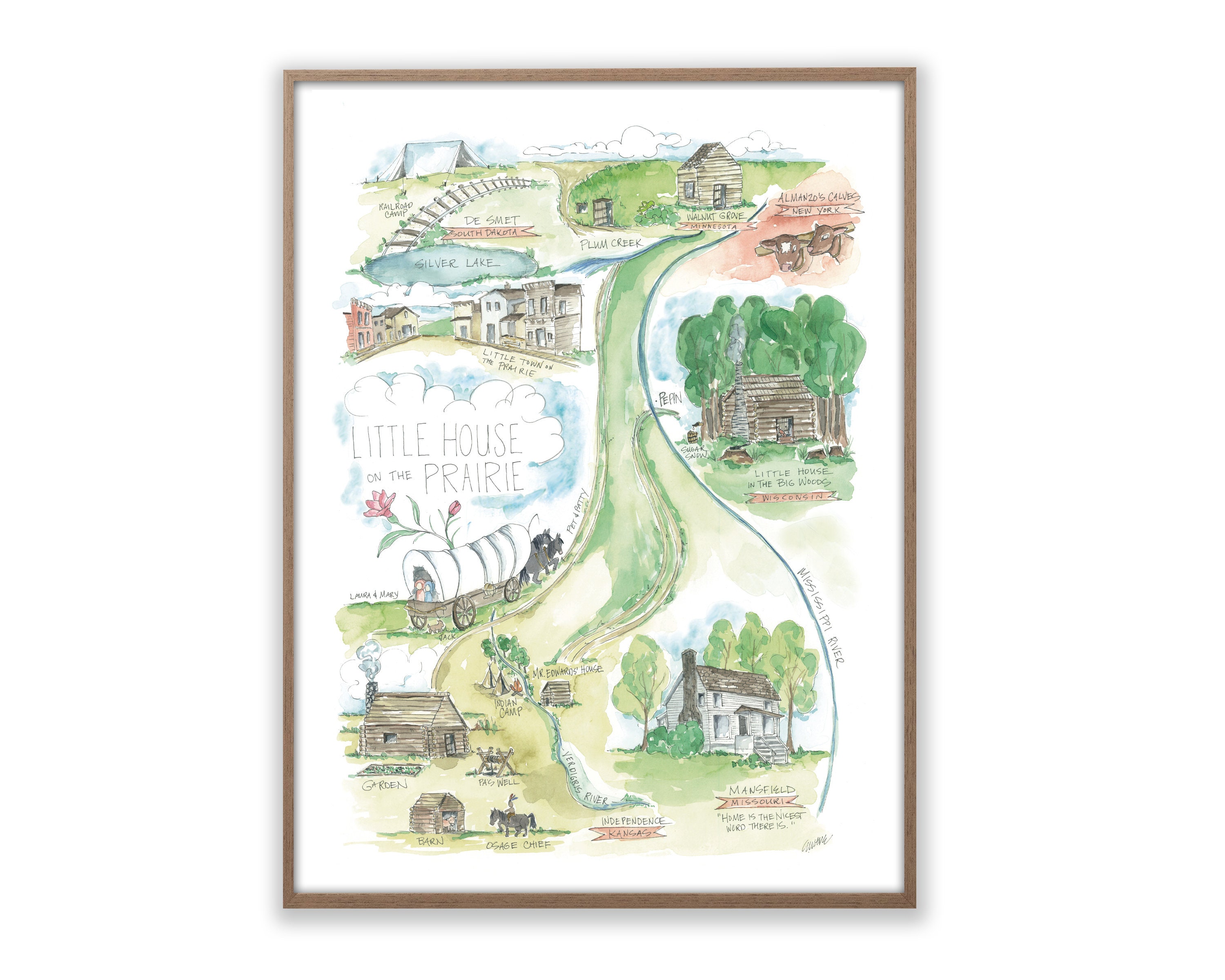 Laura Ingalls Little House on the Prairie Watercolor Map image